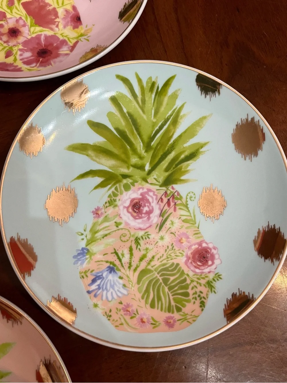 VTG Pier 1 Imports Pineapple Appetizer Plates Pastel Gold Polka Dot Set of 4